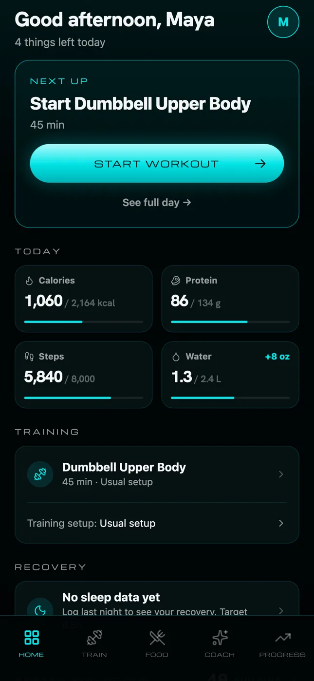 Better You Home screen: the next step is to start today's Dumbbell Upper Body workout, with calories, protein, steps and water progress below.