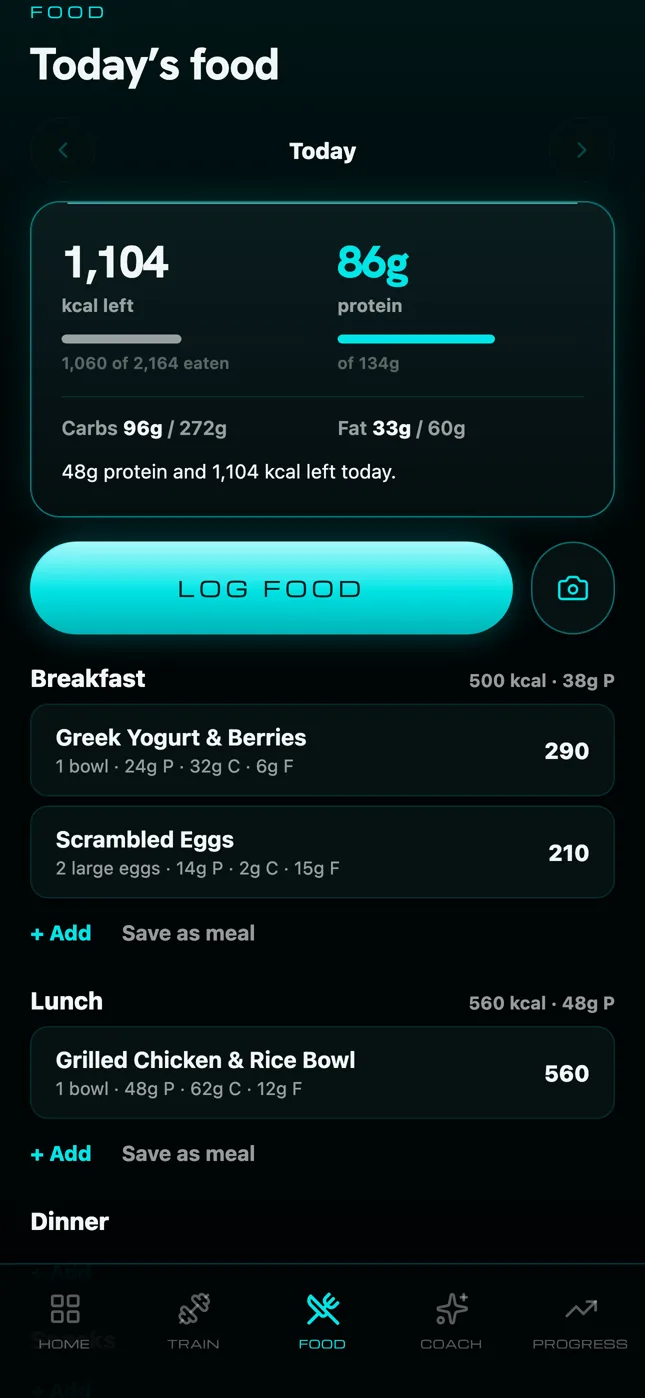 Food screen with calories left, protein eaten, and breakfast and lunch entries.