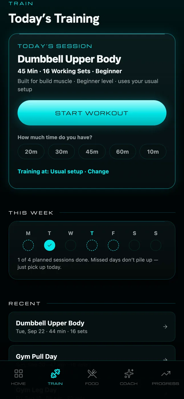 Train screen showing today's session, time-available choices and this week's planned and completed workouts.